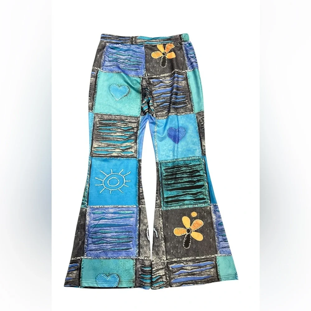 L/XL. Colorful Patchwork Flare Pants. BL/RD 12. - Picture 1 of 2